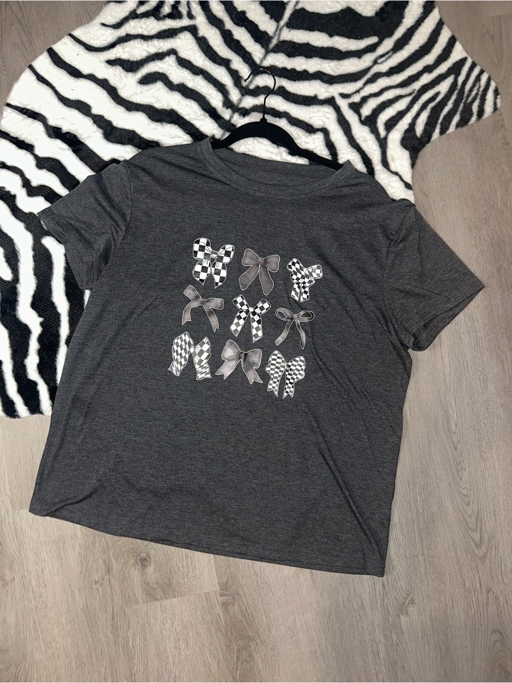 Gray Checkered Bow Graphic Tee - Shirts & Tops